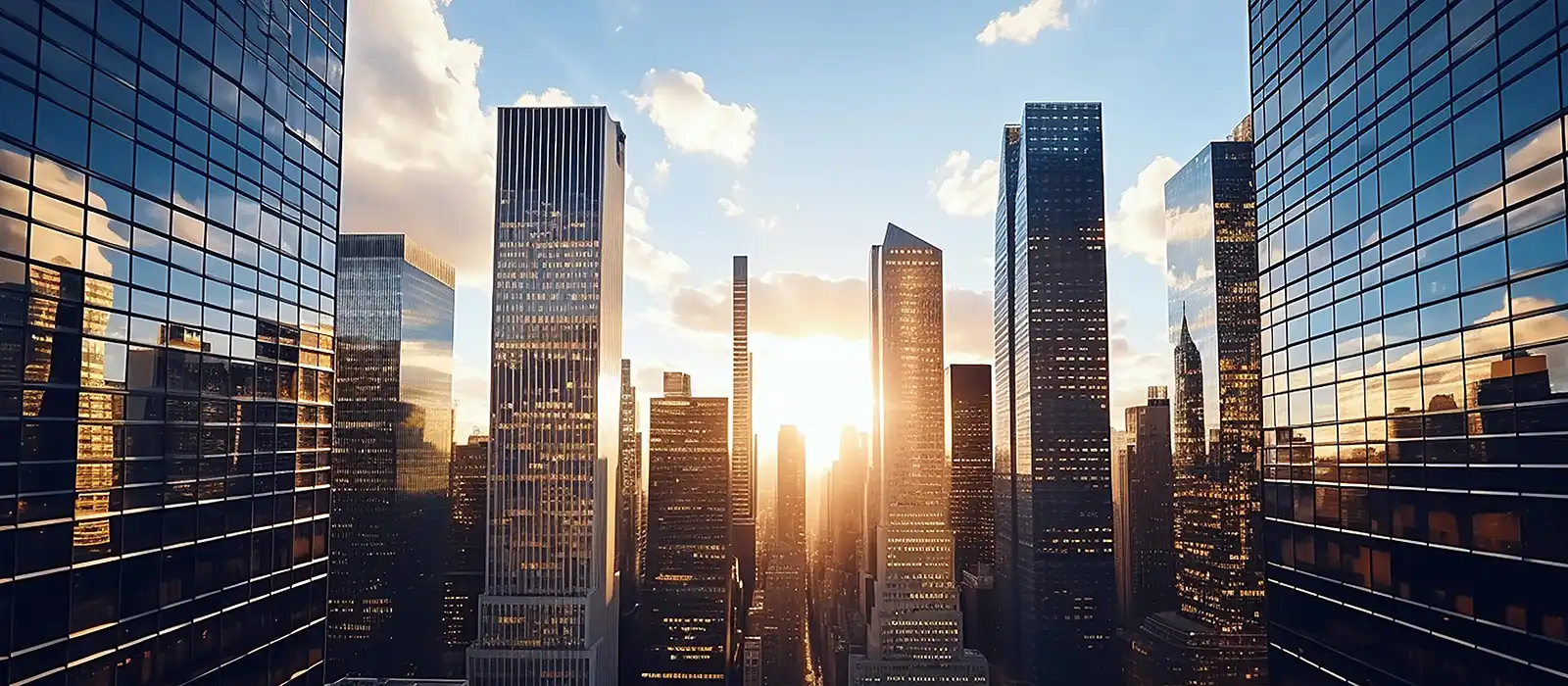 Modern city skyline with tall skyscrapers reflecting the sunset light between two glass buildings.