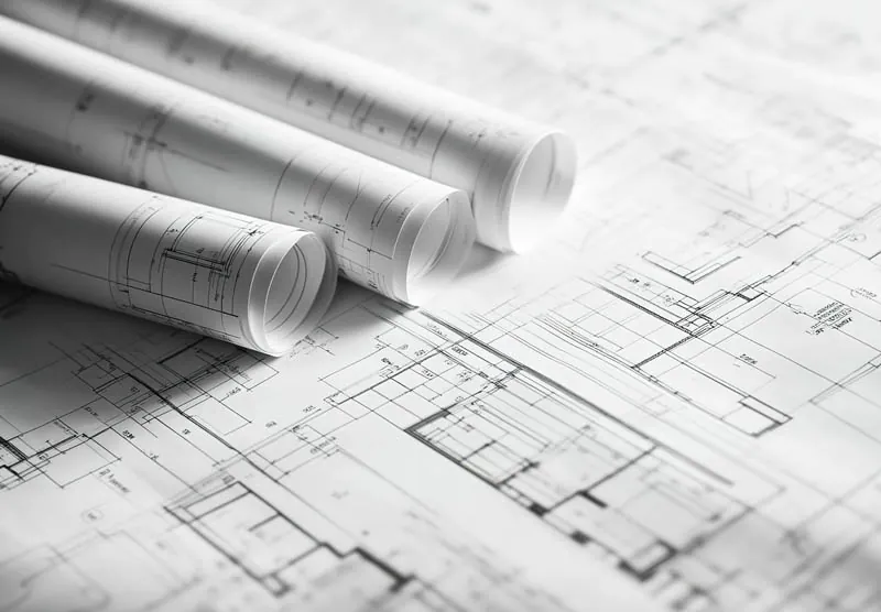 Architectural blueprints and plans rolled out for project development