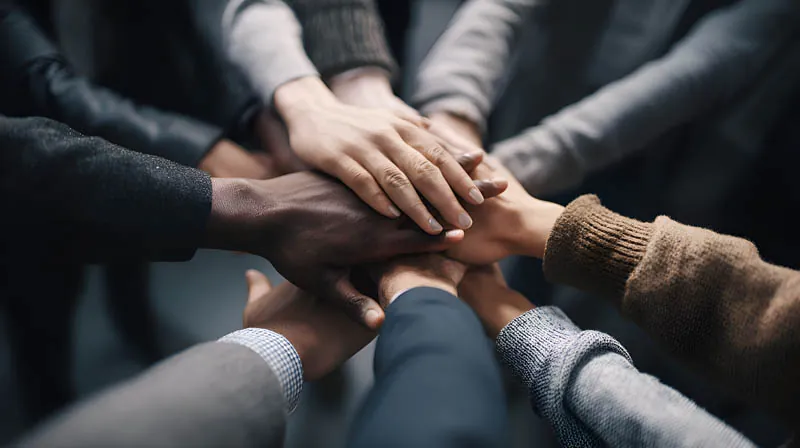 Teamwork and collaboration symbolized by multiple hands joined together