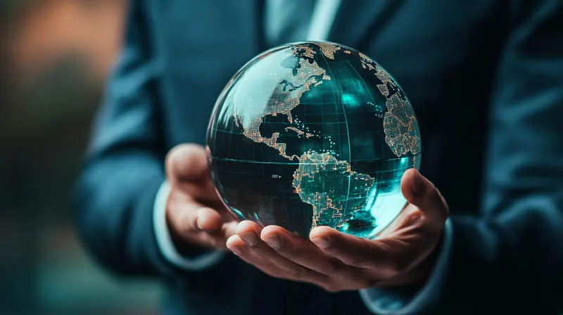 Businessman holding a digital globe symbolizing global investment strategy