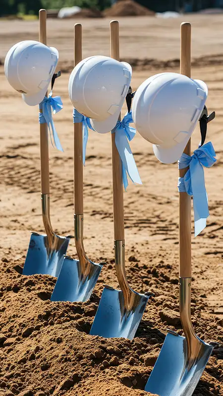 Groundbreaking ceremony with shovels and helmets prepared for construction.