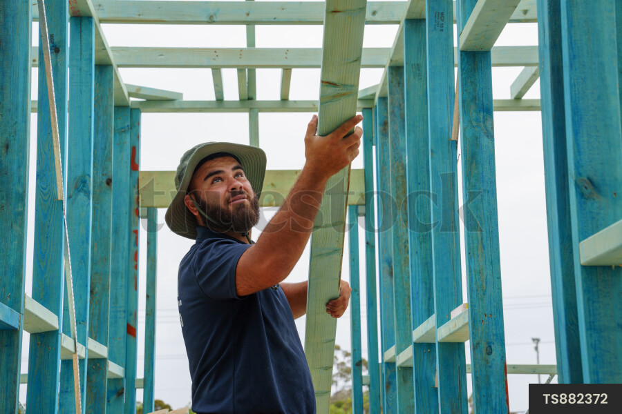Carpenter building the frame of a house