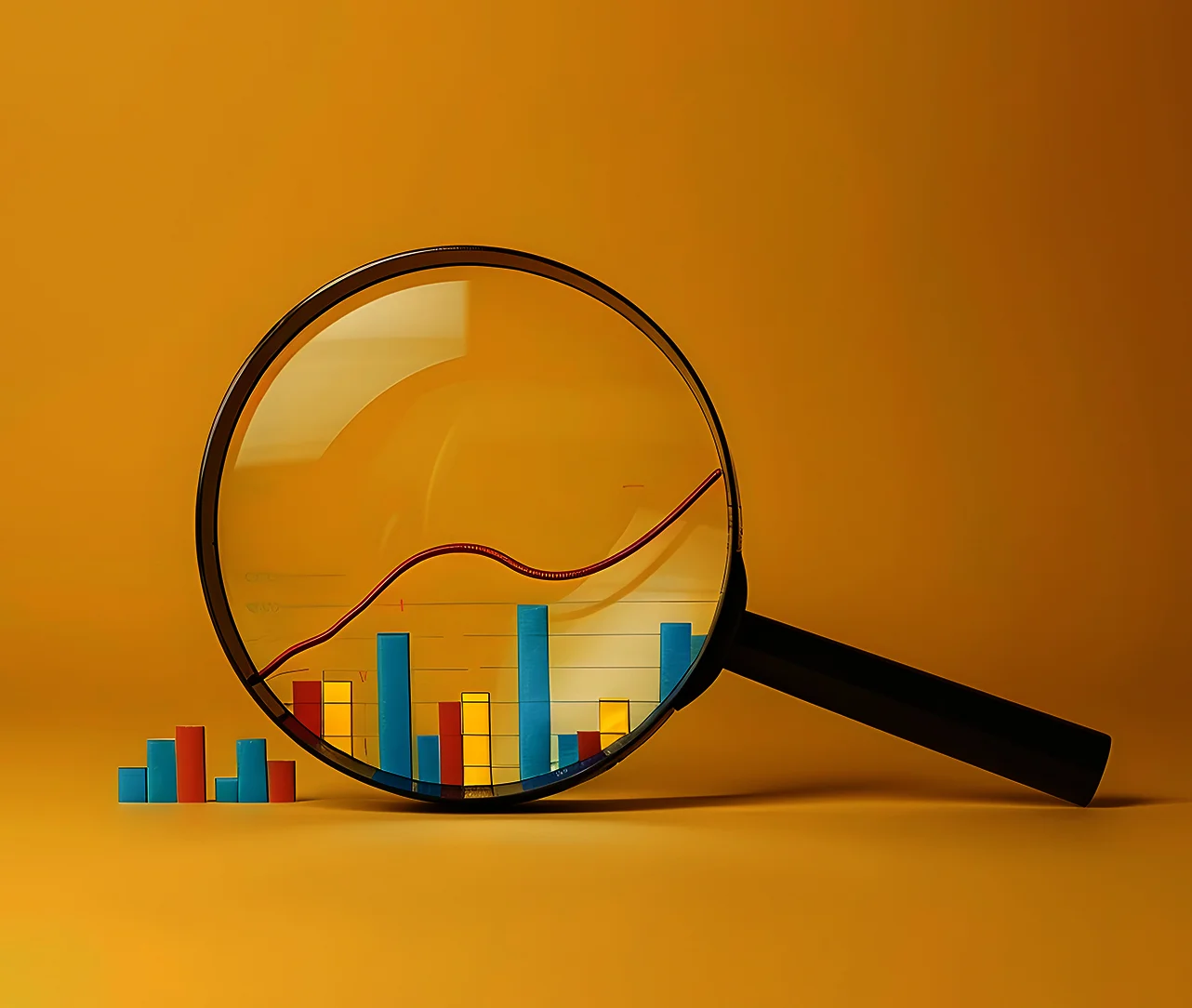 Magnifying glass highlighting financial charts, symbolising active market surveillance and timely analysis of emerging trends and opportunities.