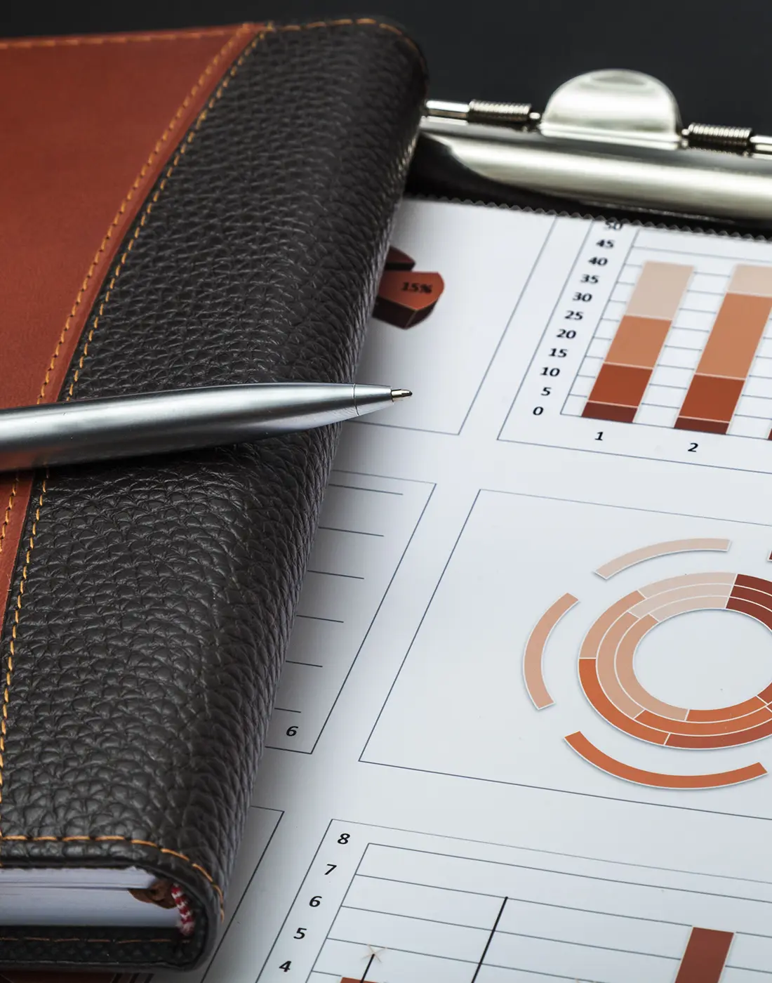 Merifund tailored portfolio solutions chart and notebook on clipboard.