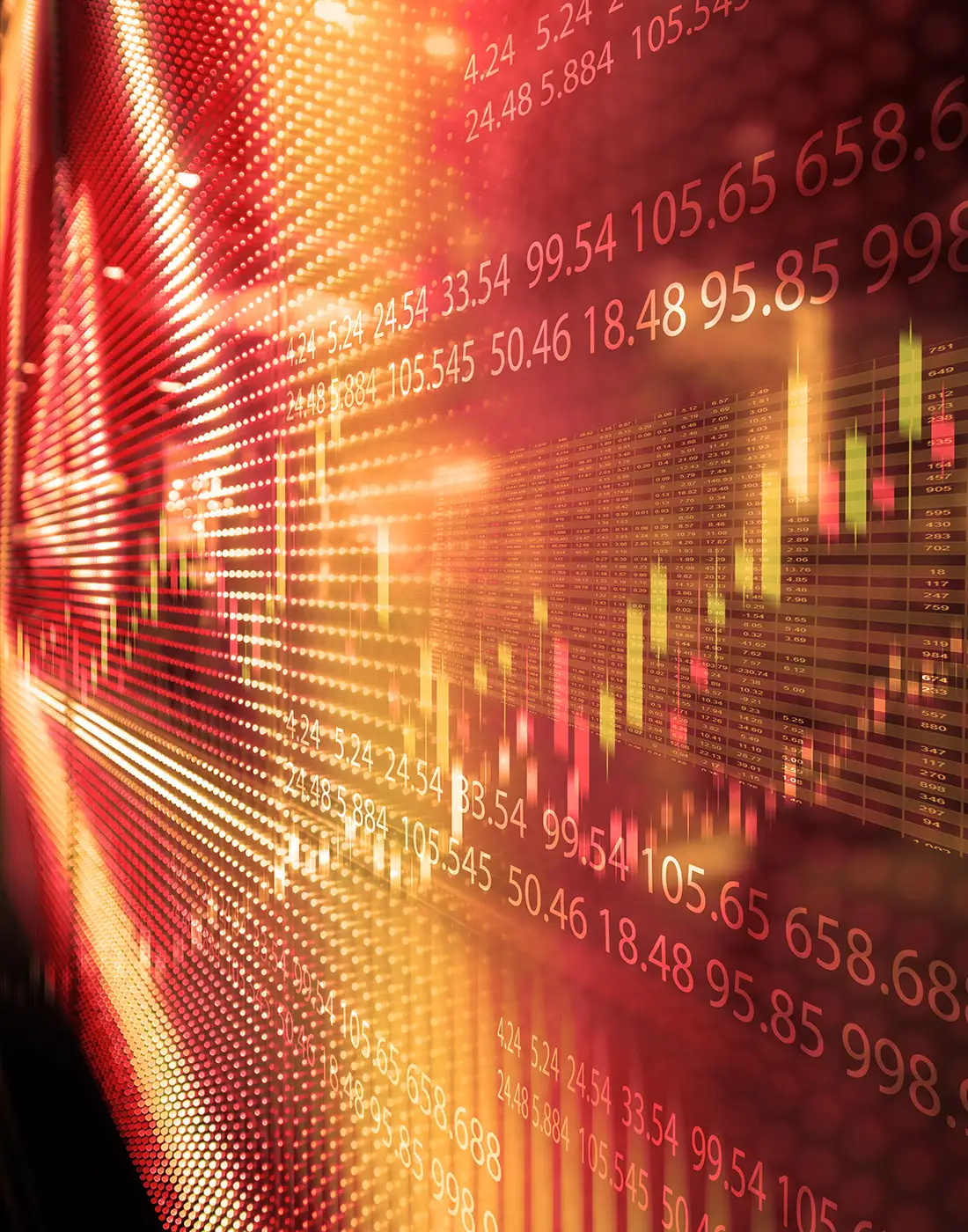 Abstract visualisation of market volatility with financial numbers and candlestick graphs, representing strategic use of derivatives.