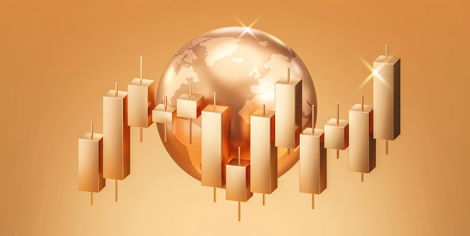Golden globe with financial candlestick charts, representing the strategic success of global macro hedge funds in 2025 amid policy shifts, interest rate divergences, and currency volatility.