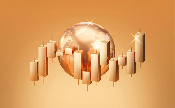 Golden globe with financial candlestick charts, representing the strategic success of global macro hedge funds in 2025 amid policy shifts, interest rate divergences, and currency volatility.