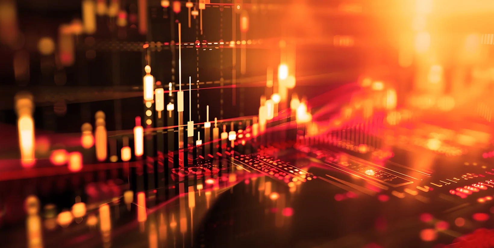Abstract glowing financial candlestick chart, symbolising data-driven quantitative strategies that delivered superior returns and reduced volatility in 2023.