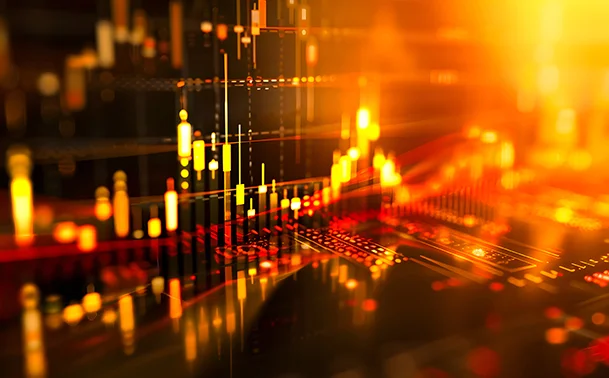 Abstract glowing financial candlestick chart, symbolising data-driven quantitative strategies that delivered superior returns and reduced volatility in 2023.
