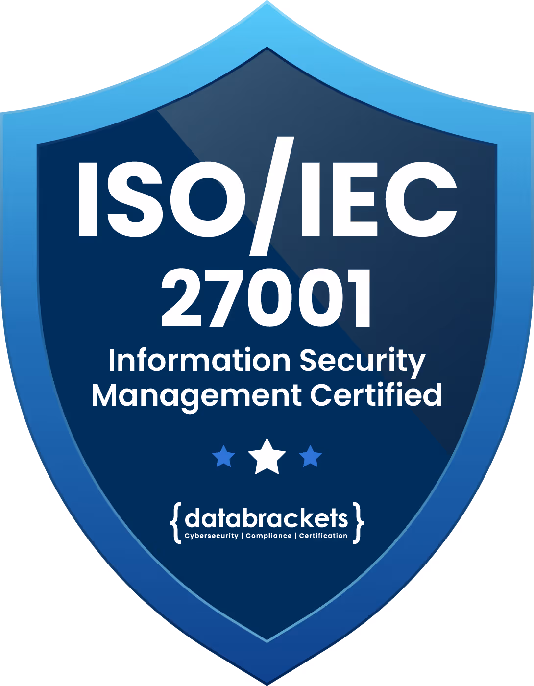Blue shield badge displaying ISO/IEC 27001 Information Security Management Certified with databrackets logo.
