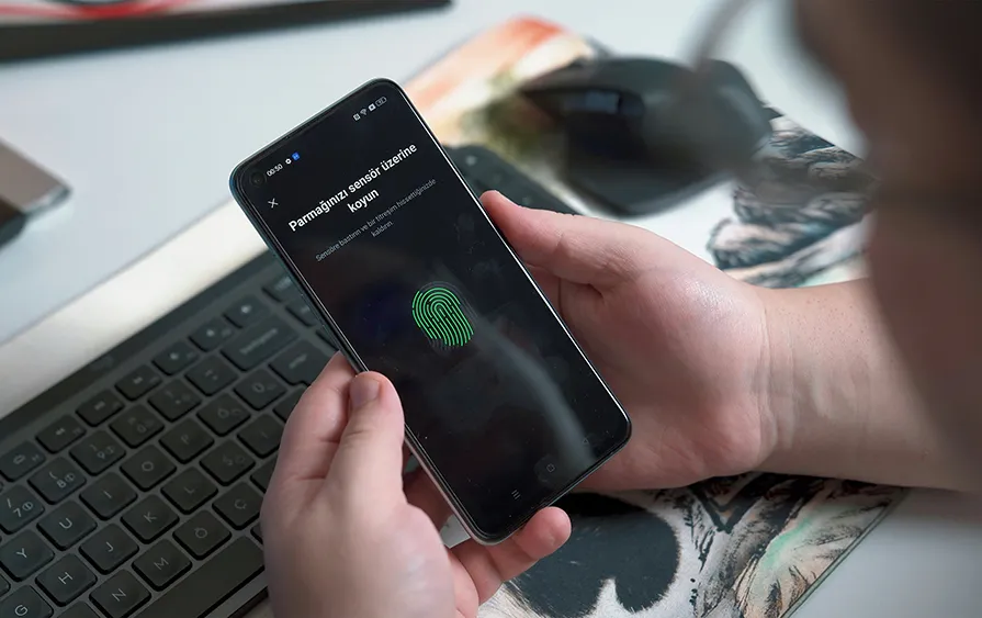 Someone holding a phone with a fingerprint icon on the screen.