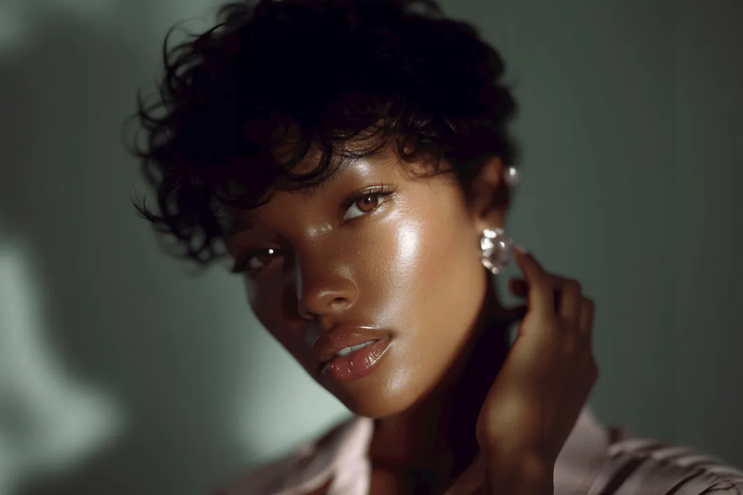 Close-up portrait of a woman with short curly hair and glowing skin, touching a decorative earring.