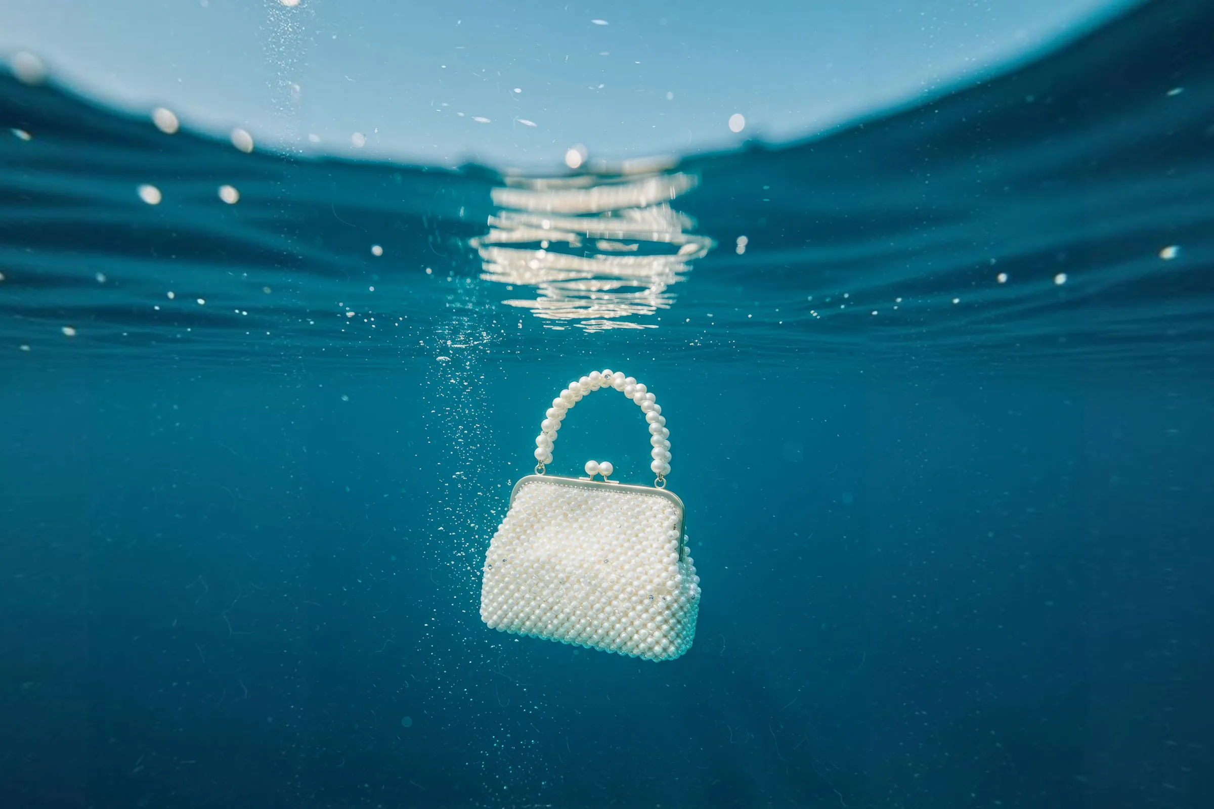 White beaded handbag submerged underwater with bubbles rising around it.