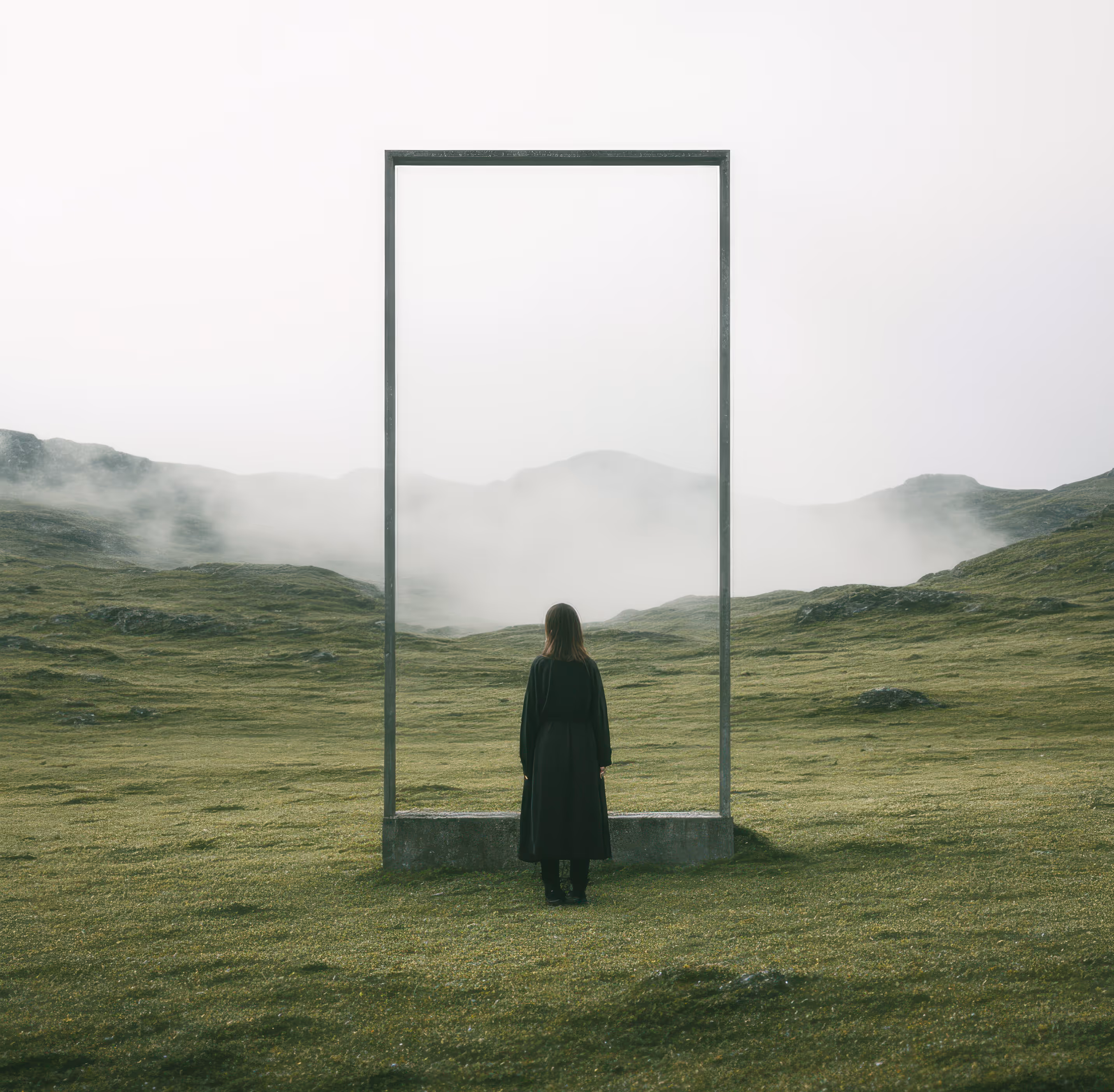 Person in a long black coat standing in a green field facing a large empty rectangular frame with misty hills in the background.