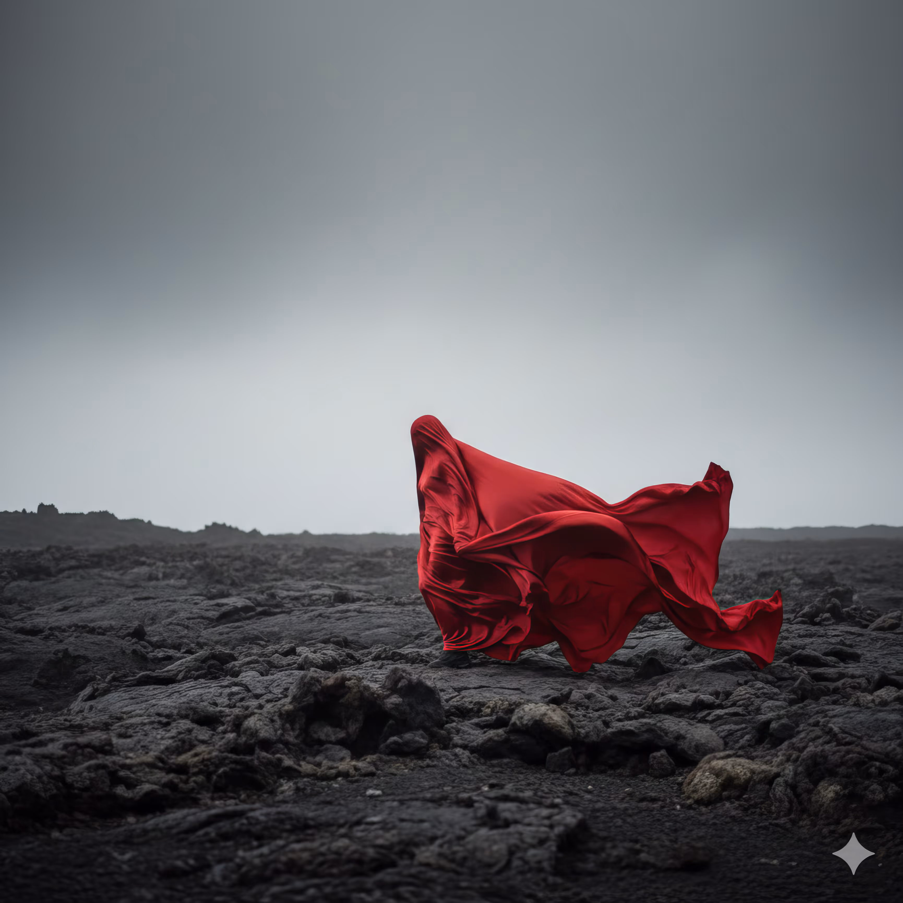 Person covered entirely by flowing red fabric standing on rugged dark volcanic terrain under a gray sky.