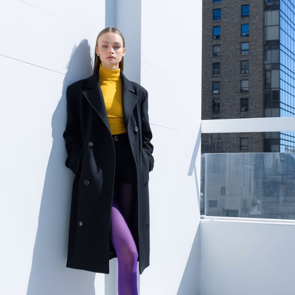 Young woman wearing a yellow turtleneck, black coat, and purple tights leaning against a white wall in an urban setting.