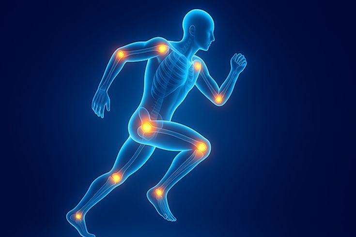 This may contain: a man running with pain on his body and knees highlighted in yellow light, illustration
