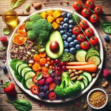 This may contain: an assortment of fruits and vegetables on a plate with nuts, berries, avocado, oranges, raspberries