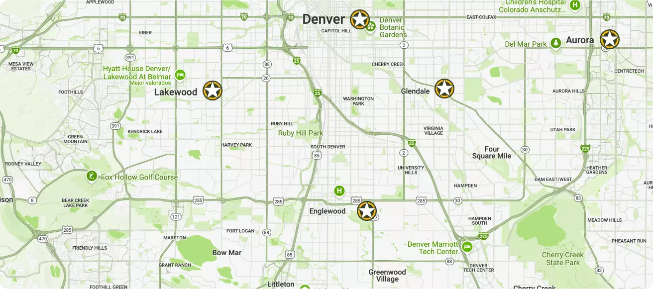 Map of Denver, highlighting key locations including Lakewood, Glendale, and the Denver Botanic Gardens.