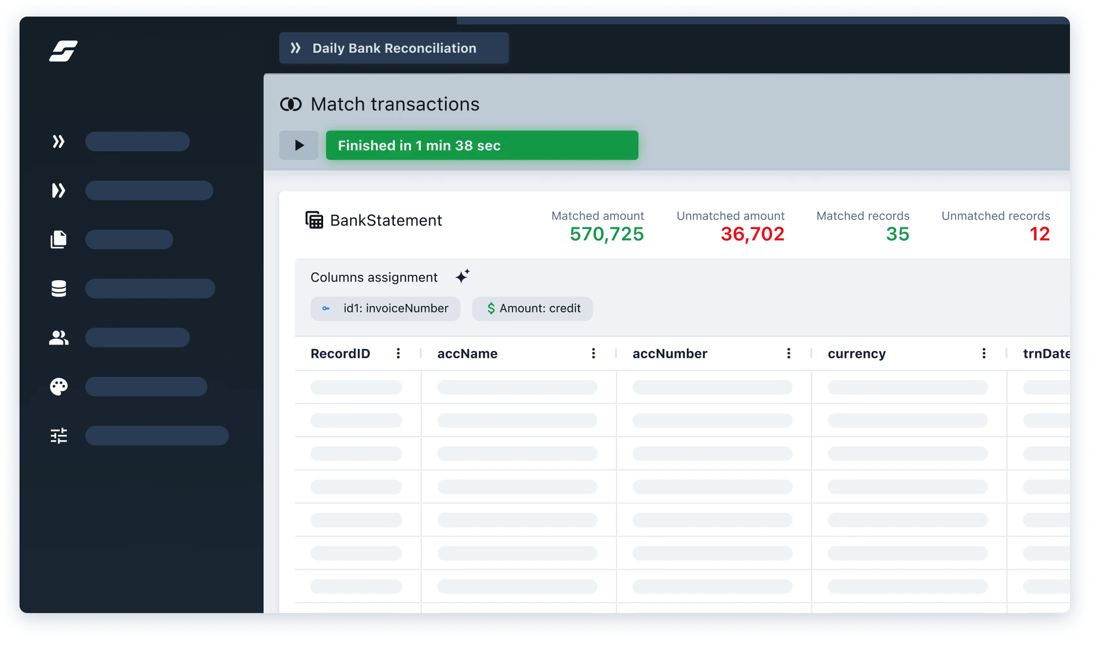 Solvexia transaction matching
