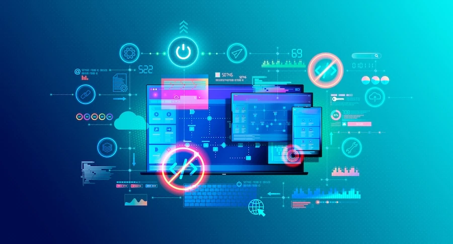 High-tech digital interface with multiple screens, holographic data visualizations, and futuristic icons illustrating low code automation.