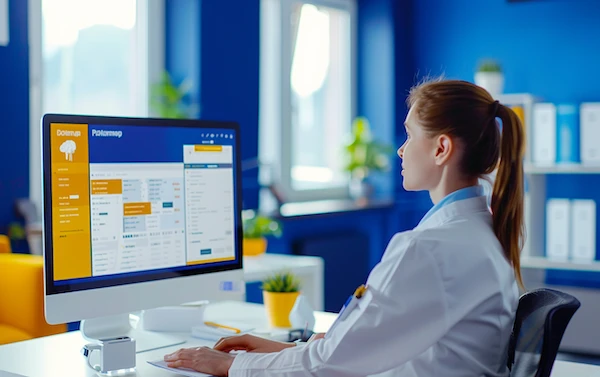 Medical professional in a white coat reviewing medical records and billing information on a computer screen in a bright, modern office.