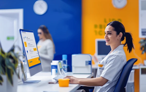 Friendly receptionist at a modern medical clinic processing a patient's payment on a computer, with a bright and clean environment.