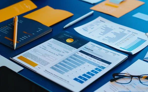 Financial documents and charts displayed on a desk, used by accountants for finance reconciliation. Includes graphs, tables, and reports with blue and orange accents.