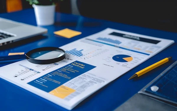 A close-up of a compliance risk report on a desk, featuring graphs, charts, and a magnifying glass. The report includes pie charts and bar graphs highlighting various compliance risk metrics. A laptop and a yellow pencil are also visible on the desk.