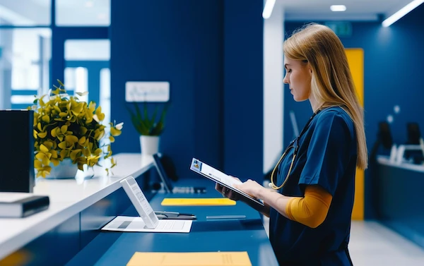 A healthcare professional reviewing medical billing reconciliation documents at a modern medical practice reception desk.