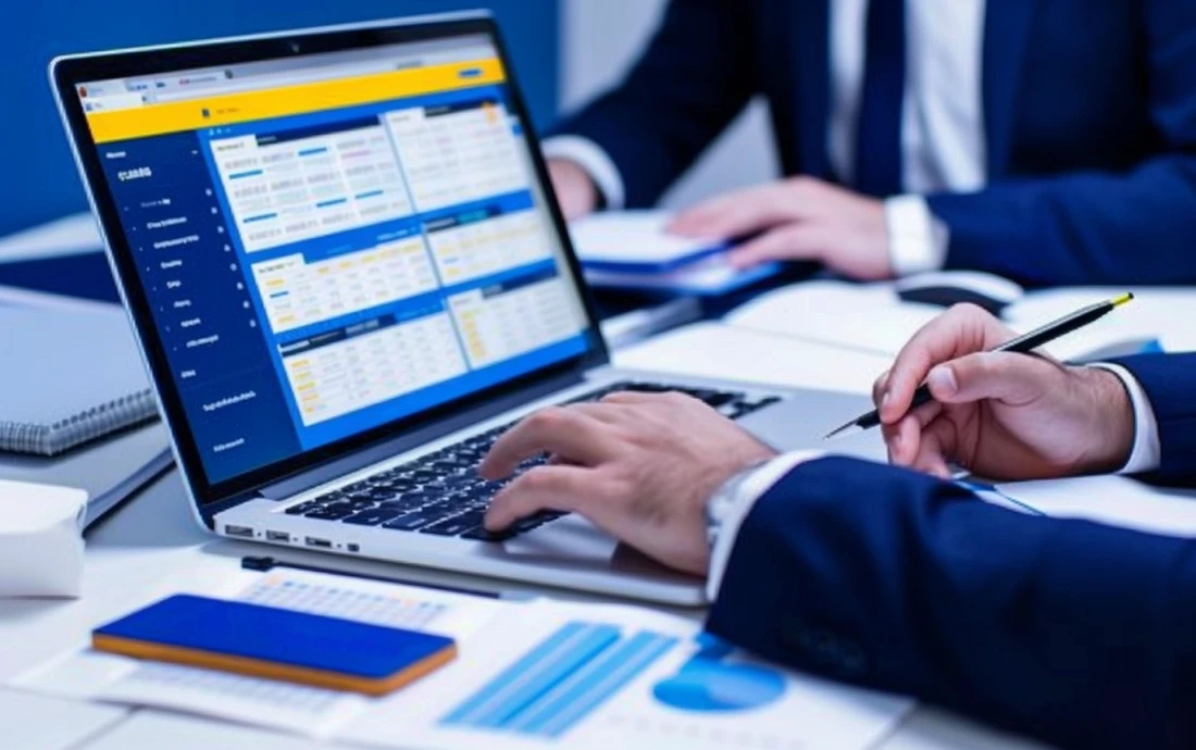 Two accountants in a modern office working on intercompany transactions accounting, reviewing financial data on a laptop screen, analyzing charts and graphs, and discussing details to ensure accurate intercompany transaction records.
