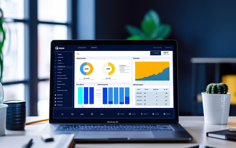Laptop displaying an intuitive reconciliation tool with dashboard analytics, charts, and graphs, demonstrating advanced financial data management capabilities.