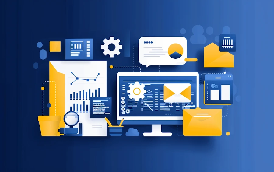 Illustration of workflow approval software showcasing digital document management, automated notifications, and approval processes on a computer screen with various business-related icons, highlighting efficiency and organization.