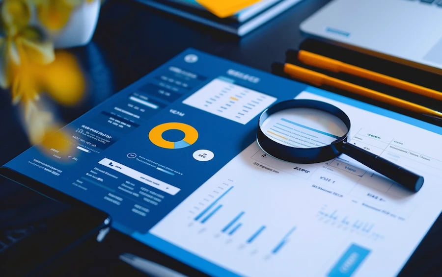 A magnifying glass examining financial charts and graphs, highlighting the importance of identifying and resolving reconciliation discrepancies in financial records.