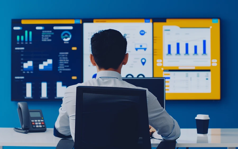 A finance professional using automation tools across finance, monitoring multiple dashboards with real-time financial data and analytics.