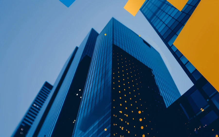 A modern cityscape with towering glass buildings, featuring a digital overlay of geometric shapes, symbolizing the intersection of finance and digital transformation.