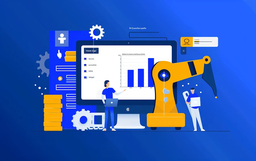 Illustration of no code process automation featuring a robotic arm, digital charts, and automated workflows, highlighting the ease of automating tasks without coding.