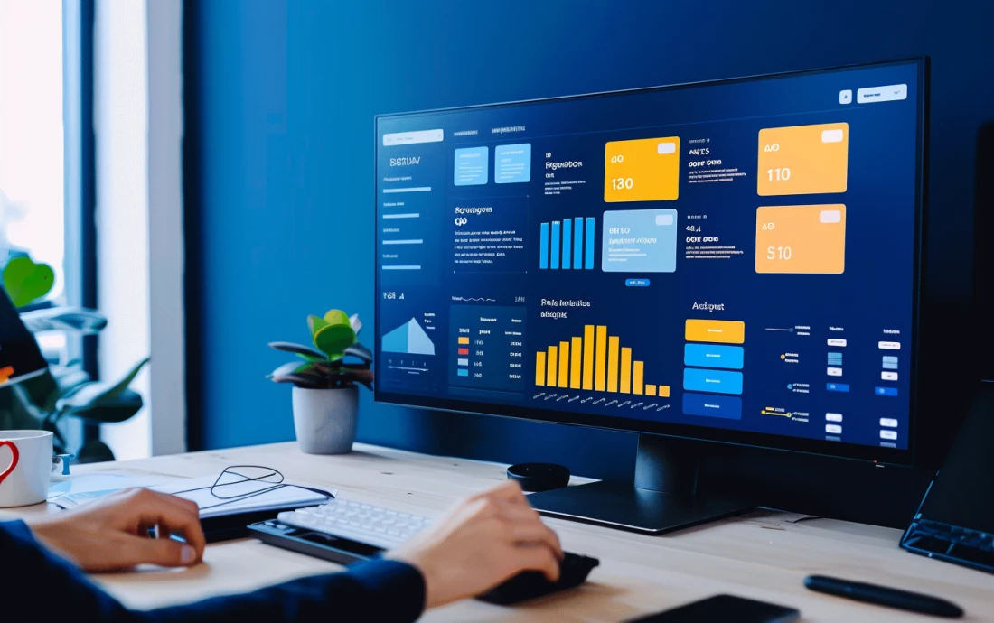 A user working on a data automation platform with a large monitor displaying data analytics and automation dashboards for streamlined business processes.