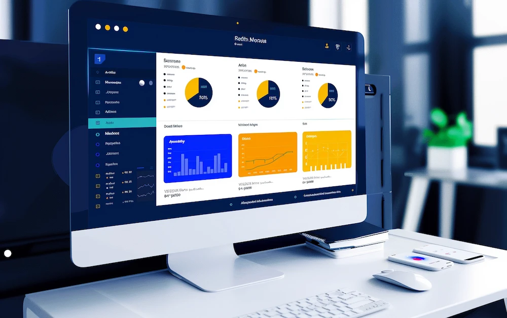 Desktop computer displaying a business automation platform interface with dashboards, charts, and analytics, illustrating how businesses can streamline operations and enhance decision-making through automation.