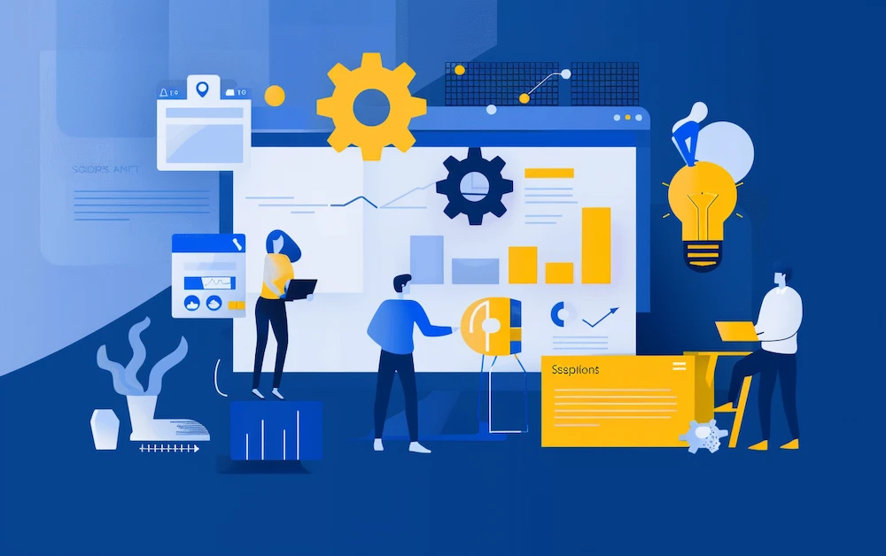 Illustration of professionals working collaboratively with data, charts, and process automation tools, symbolizing continuous improvement in the workplace. This image highlights the importance of continuous improvement processes, providing visual examples of optimizing business performance and achieving financial goals through continuous improvement strategies. 