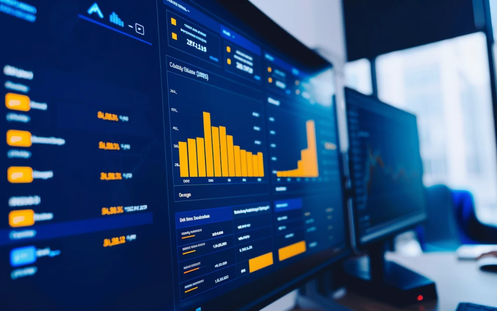 Multiple monitors displaying financial data modeling with charts and graphs, illustrating the importance of financial modeling for data-driven decision-making.
