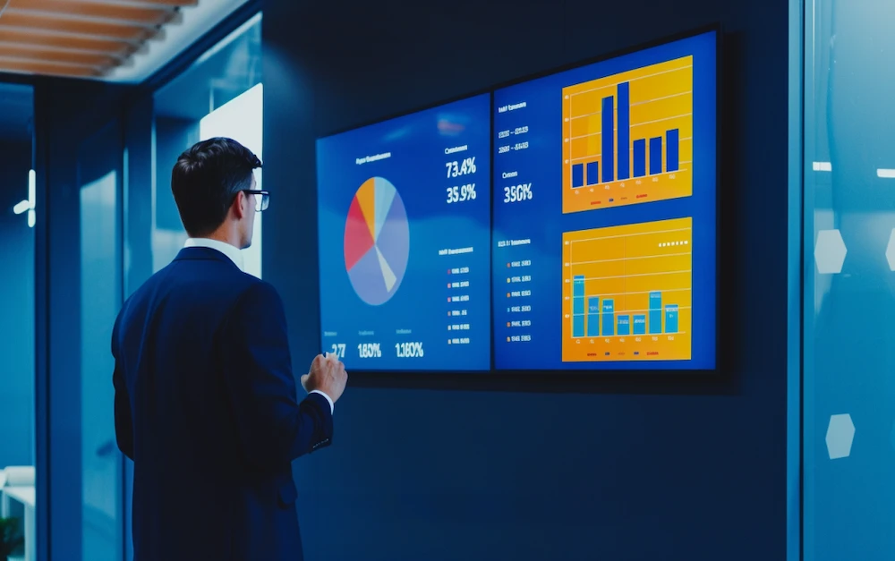 Business professional analyzing digital financial charts and graphs on a large screen, representing finance digital transformation in a modern corporate setting.