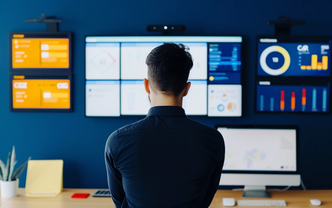 Person comparing reconciliation software on multiple screens, analyzing key metrics and performance charts to weigh up options for the best reconciliation tool.