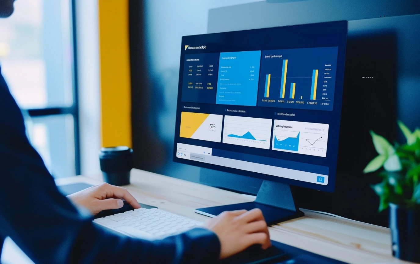 Person using business analysis tools on a computer screen displaying charts and data insights, highlighting the use of technology for data-driven decision making in business.