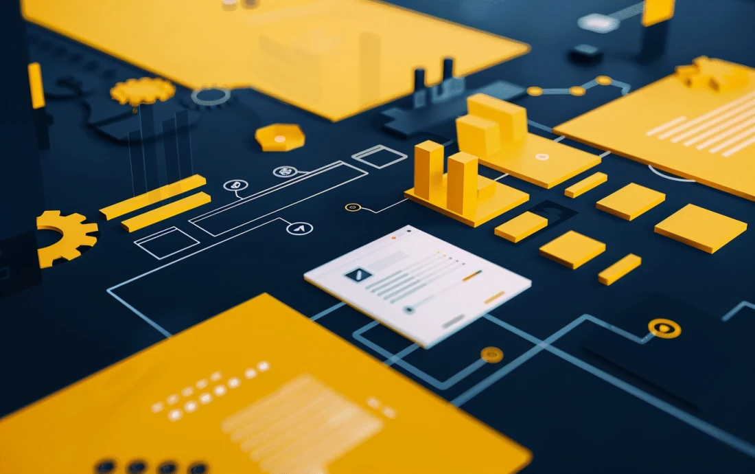 Abstract visual representation of a workflow approval process, featuring interconnected digital elements such as documents, charts, and gears.
