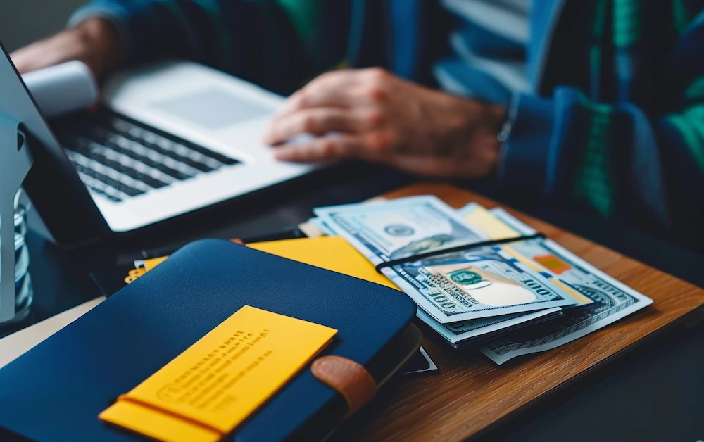 Close-up of a business professional working on a laptop with rebate incentive documents and cash on a desk. Represents financial management and rebate processing efficiency.