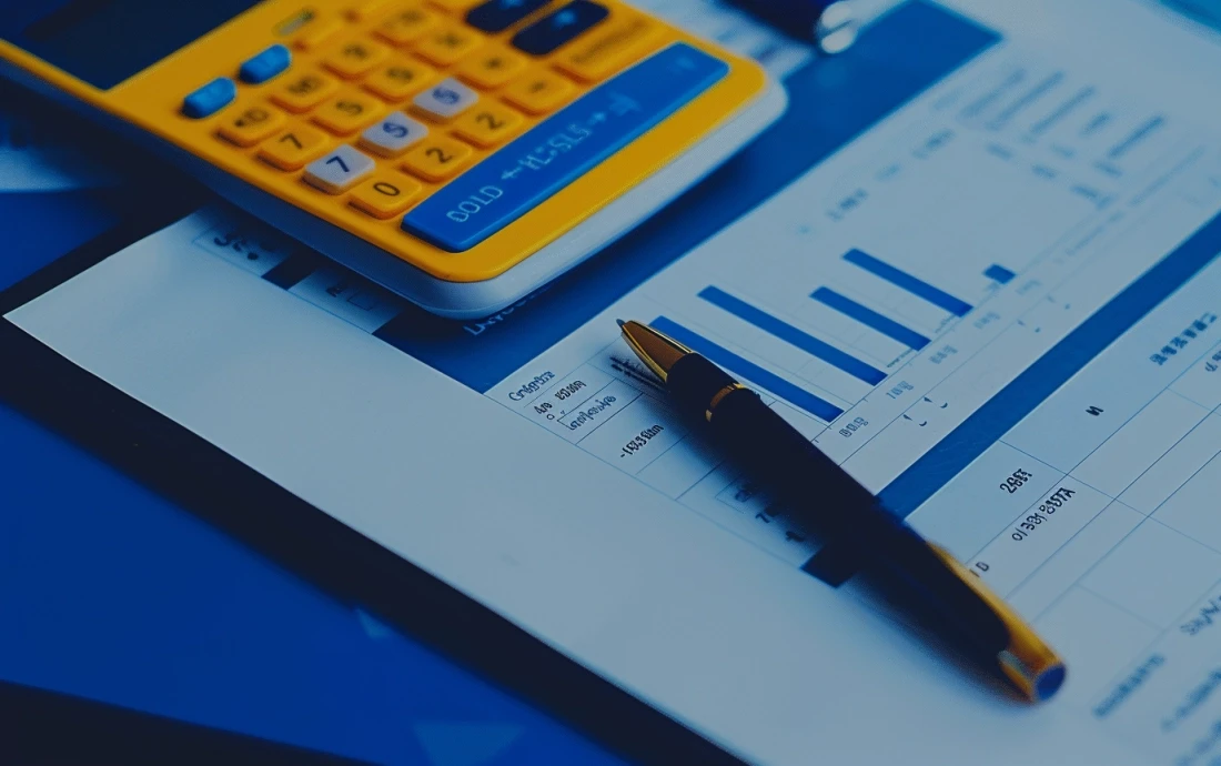 Calculator and financial documents with graphs and pen, representing end-of-day reconciliation process for accurate financial reporting.