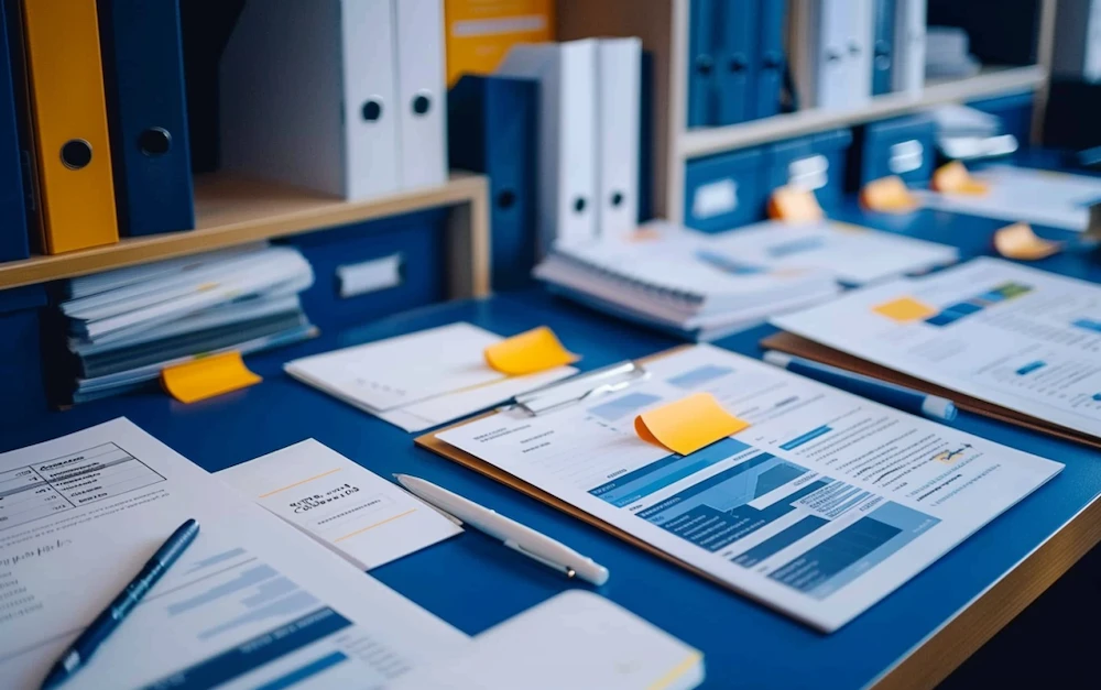 Desk with financial documents, folders, and notes showcasing the audit reconciliation process for verifying and validating financial records.
