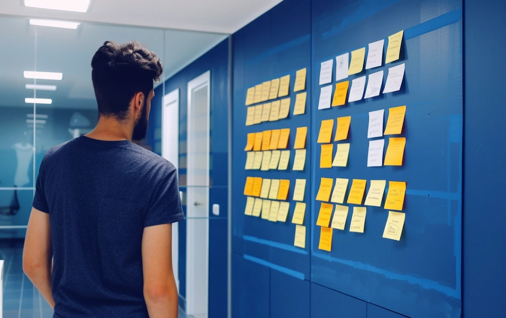 Person organizing sticky notes on a wall for brainstorming, illustrating a visual representation of business process planning and workflow organization. This setup demonstrates how businesses map out steps and tasks to streamline operations and understand 'what is a business process' in practice.