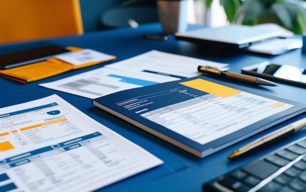 Close-up of financial documents and bank statements on a desk, representing the bank reconciliation process. This setup illustrates steps involved in verifying and reconciling bank records with accounting records, essential for accurate financial reporting and cash flow management.